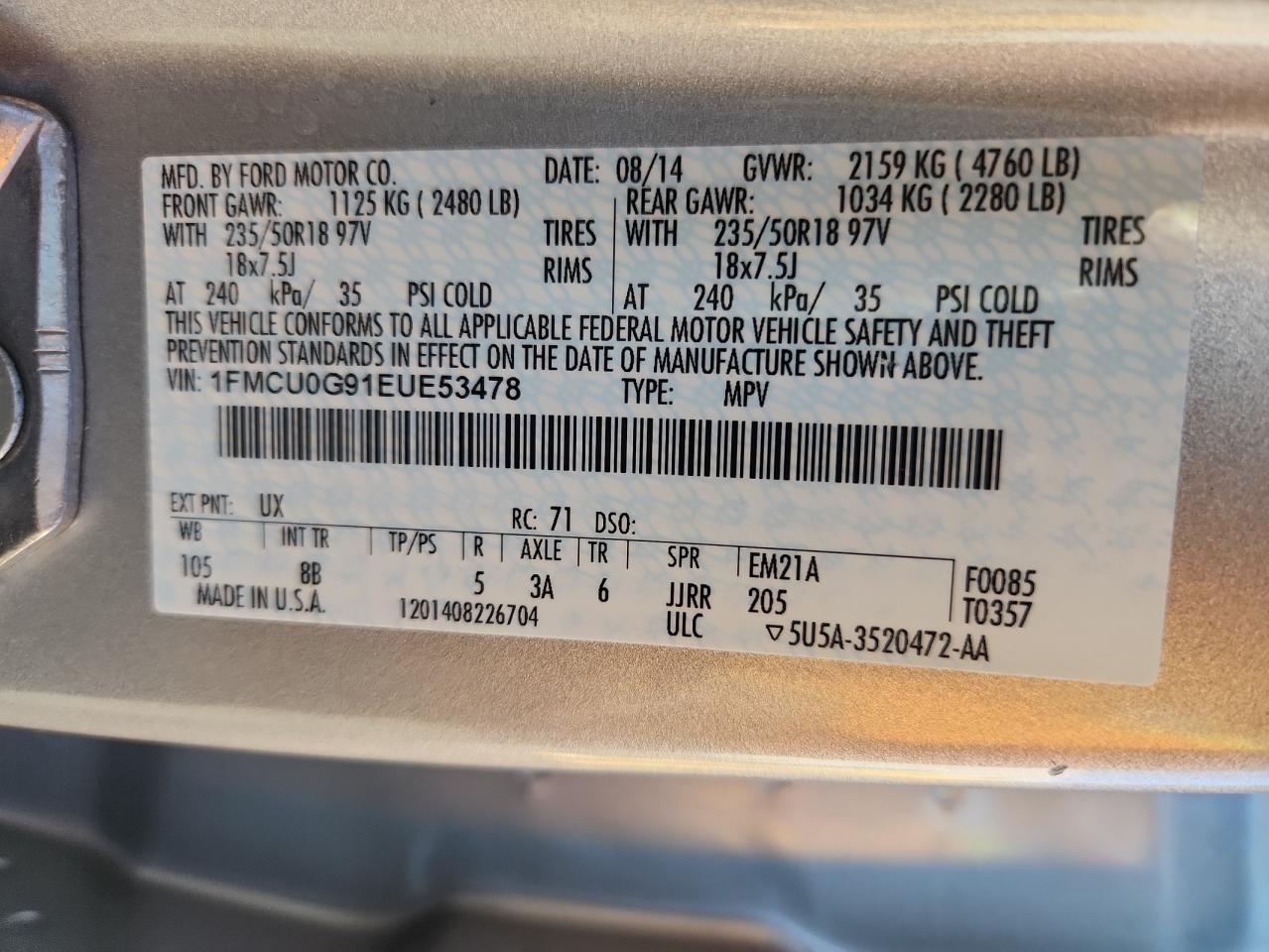 2014 Ford Escape Se VIN: 1FMCU0G91EUE53478 Lot: 81811825