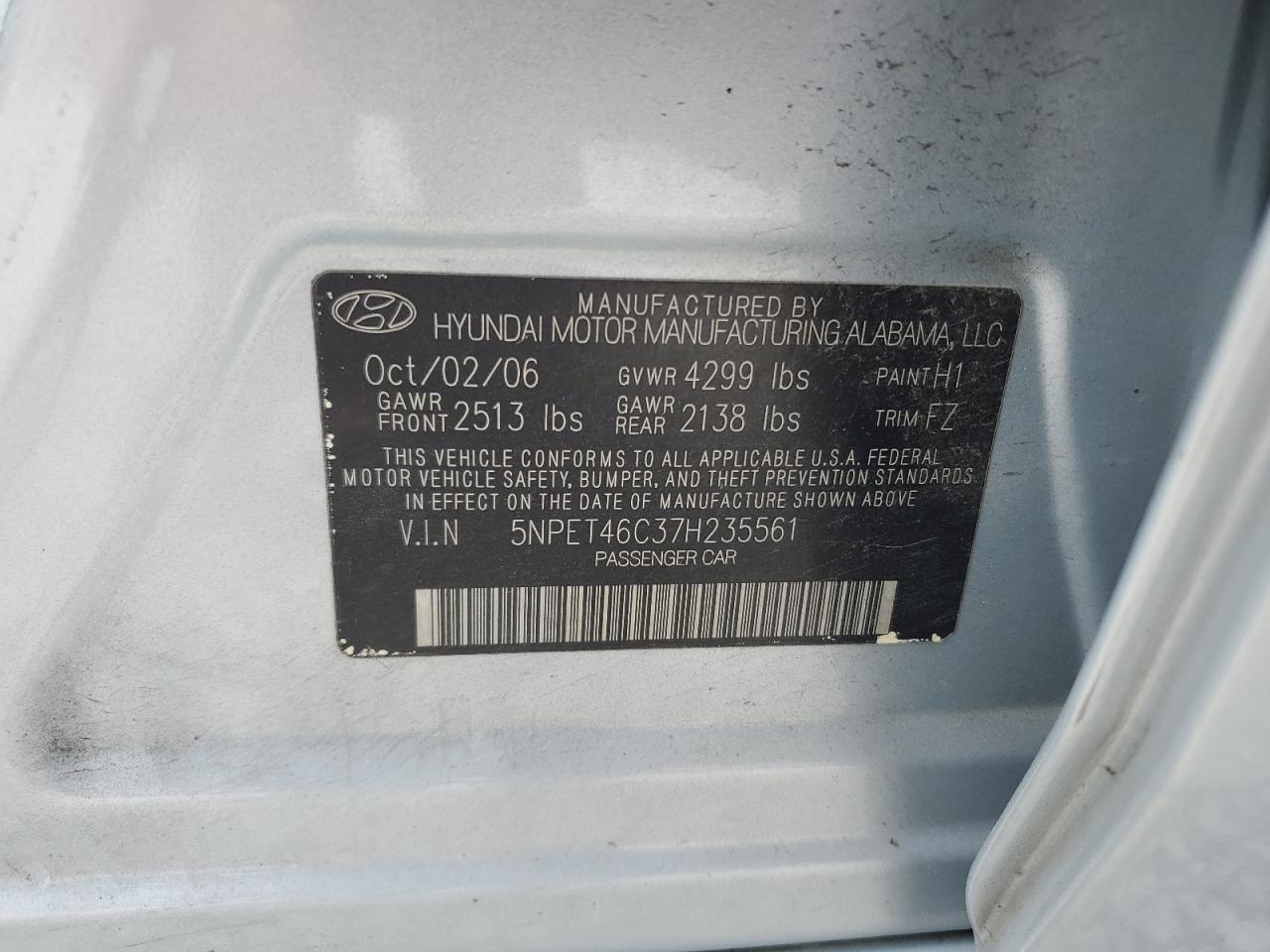 2007 Hyundai Sonata Gls VIN: 5NPET46C37H235561 Lot: 81345325