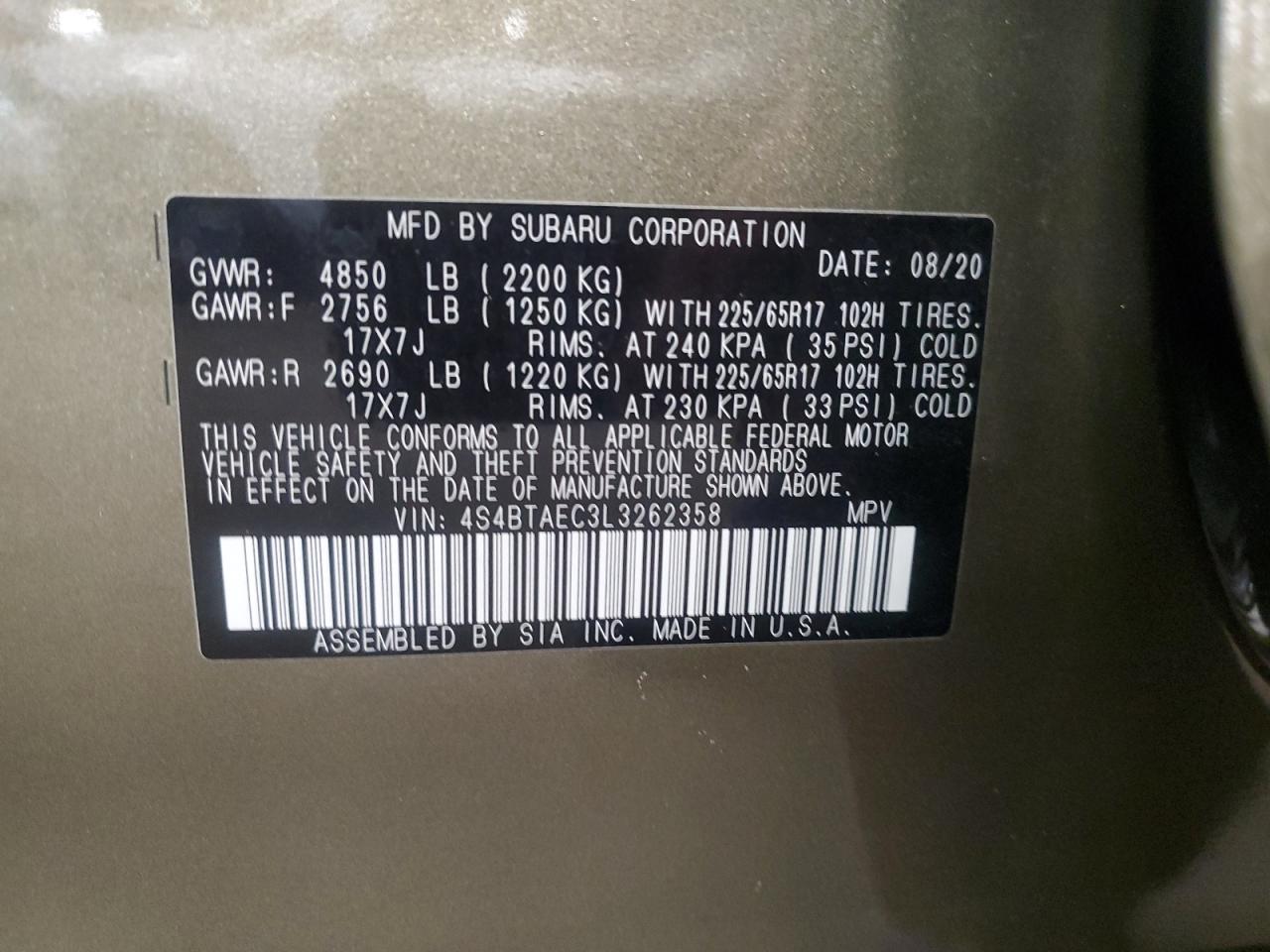 2020 Subaru Outback Premium VIN: 4S4BTAEC3L3262358 Lot: 80820775