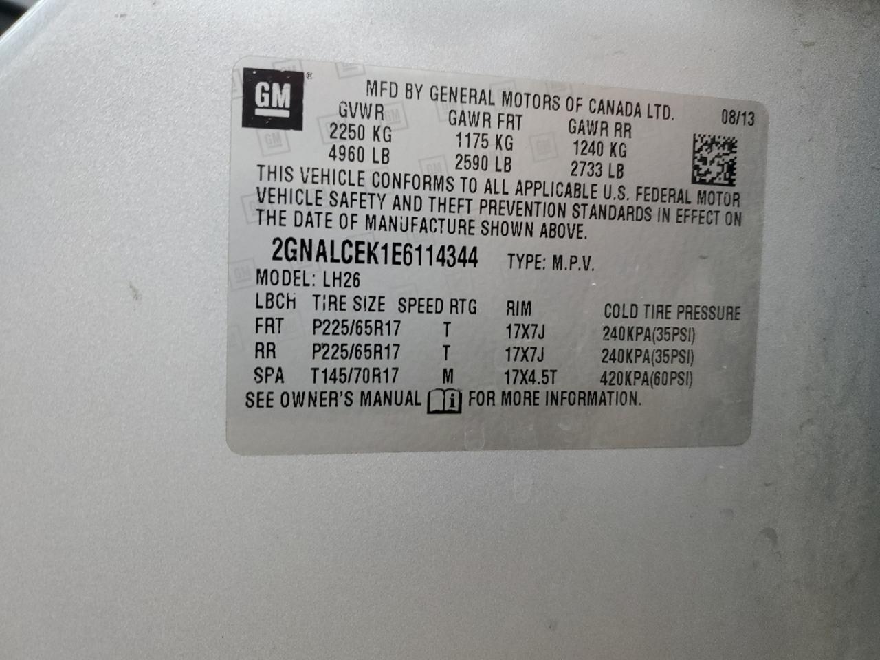 2014 Chevrolet Equinox Lt VIN: 2GNALCEK1E6114344 Lot: 81030505