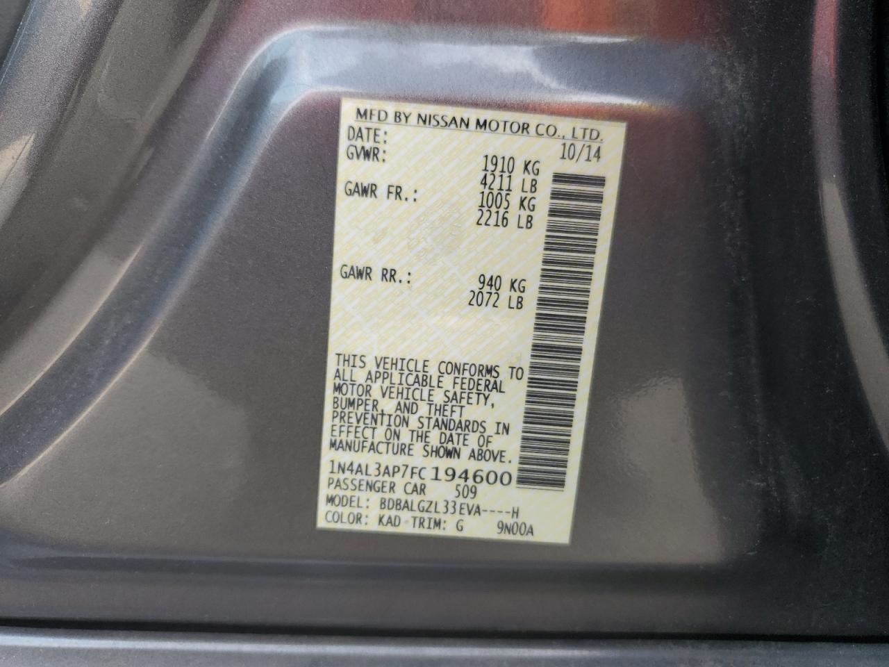 2015 Nissan Altima 2.5 VIN: 1N4AL3AP7FC194600 Lot: 81609405