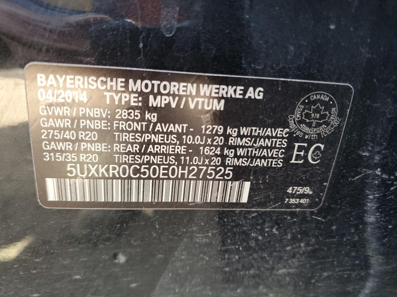 2014 BMW X5 xDrive35I VIN: 5UXKR0C50E0H27525 Lot: 71472115