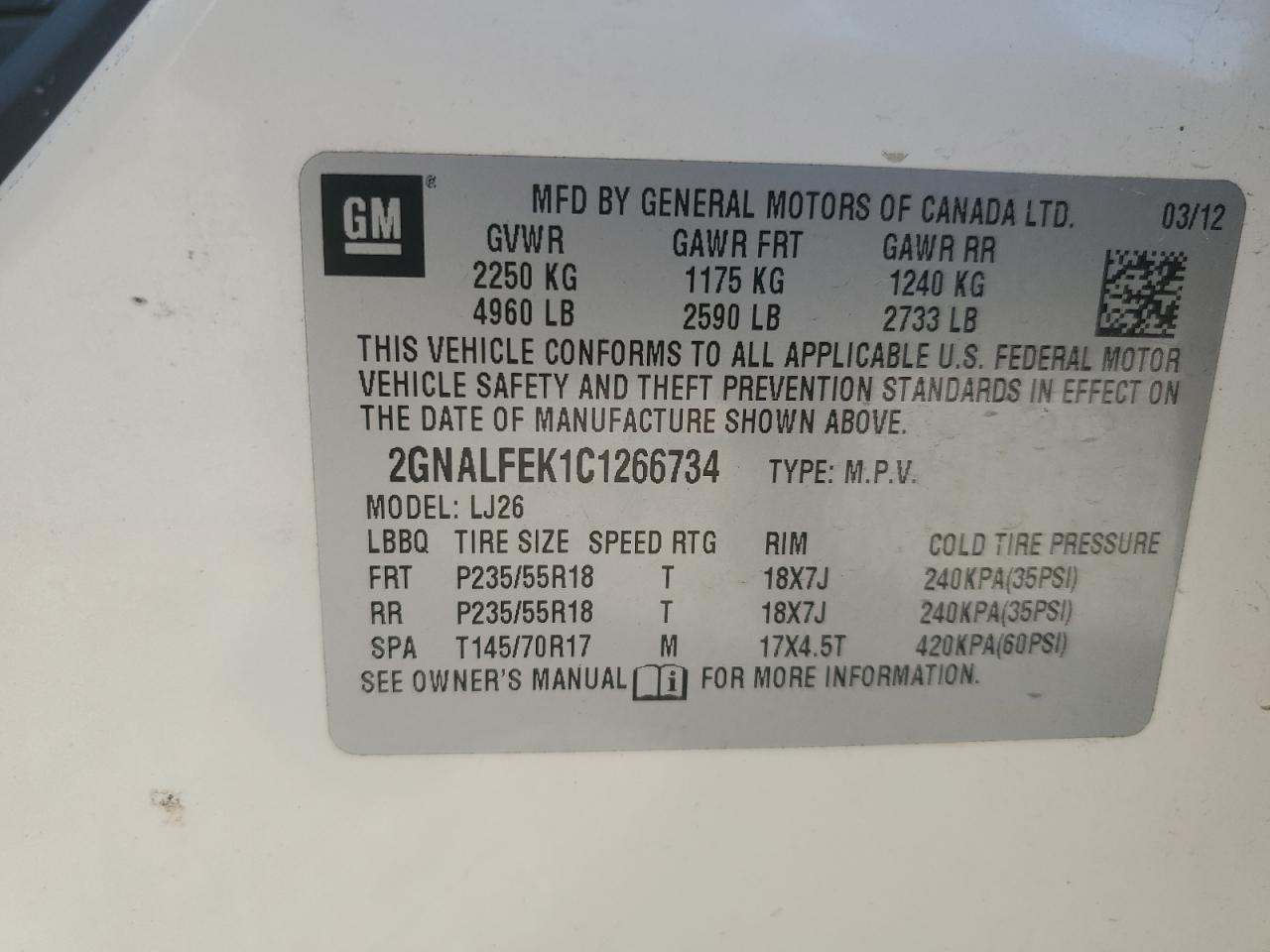 2012 Chevrolet Equinox Ltz VIN: 2GNALFEK1C1266734 Lot: 81505635