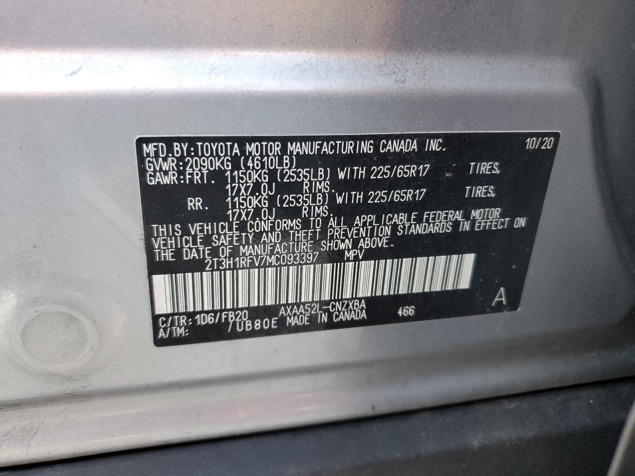 2021 Toyota Rav4 Le VIN: 2T3H1RFV7MC093397 Lot: 81371785
