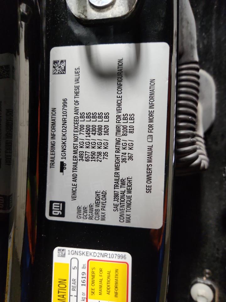 2022 Chevrolet Suburban K1500 Rst VIN: 1GNSKEKD2NR107996 Lot: 82128555