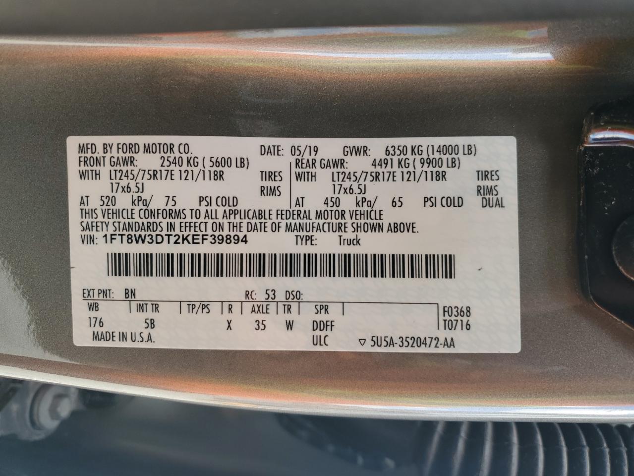 2019 Ford F350 Super Duty VIN: 1FT8W3DT2KEF39894 Lot: 81595075