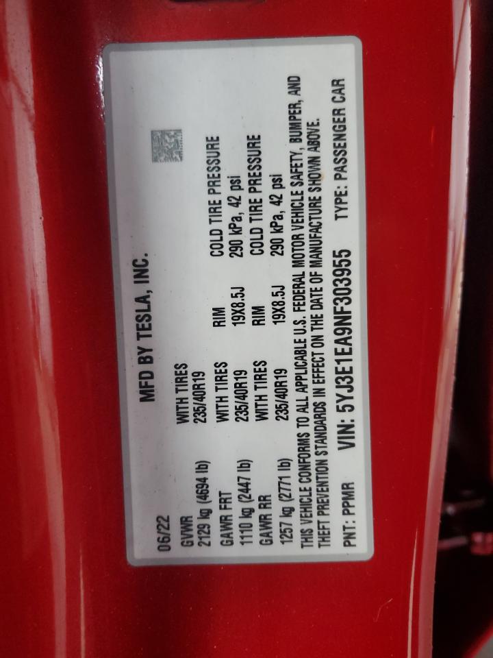 2022 Tesla Model 3 VIN: 5YJ3E1EA9NF303955 Lot: 80139425