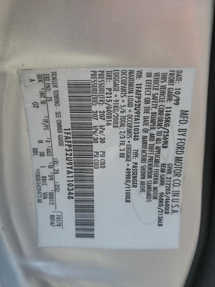 2000 Ford Taurus Lx VIN: 1FAFP52U9YA110348 Lot: 70742405