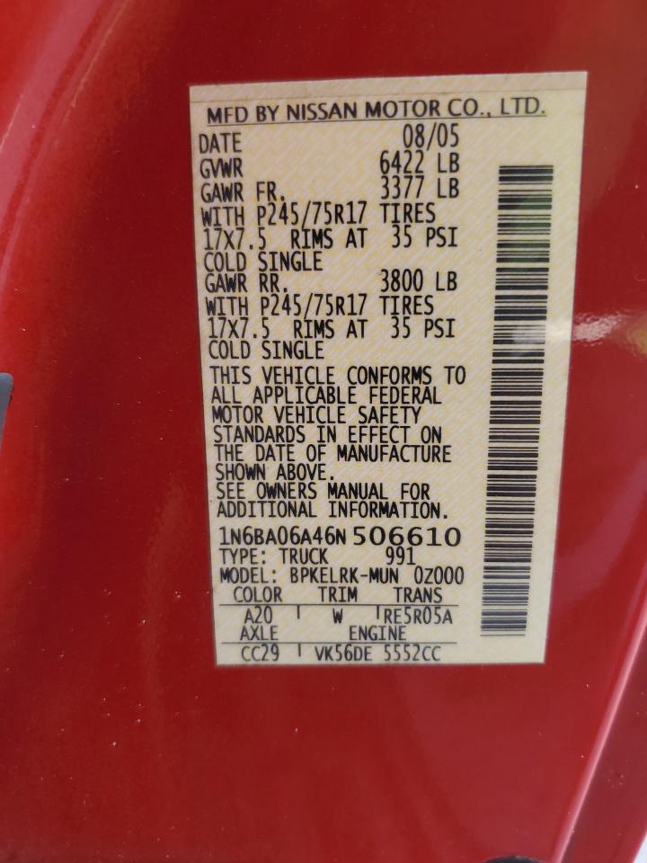 2006 Nissan Titan Xe VIN: 1N6BA06A46N506610 Lot: 84215255