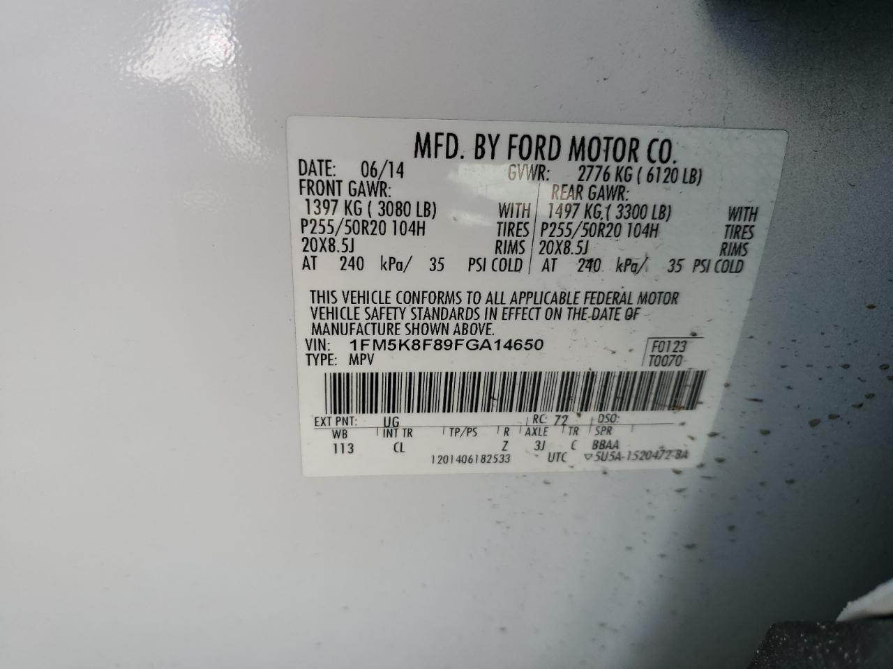 2015 Ford Explorer Limited VIN: 1FM5K8F89FGA14650 Lot: 81635015