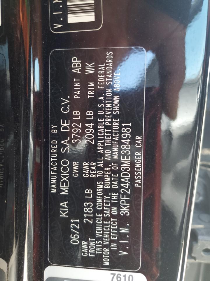2021 Kia Forte Fe VIN: 3KPF24AD3ME384981 Lot: 71952075