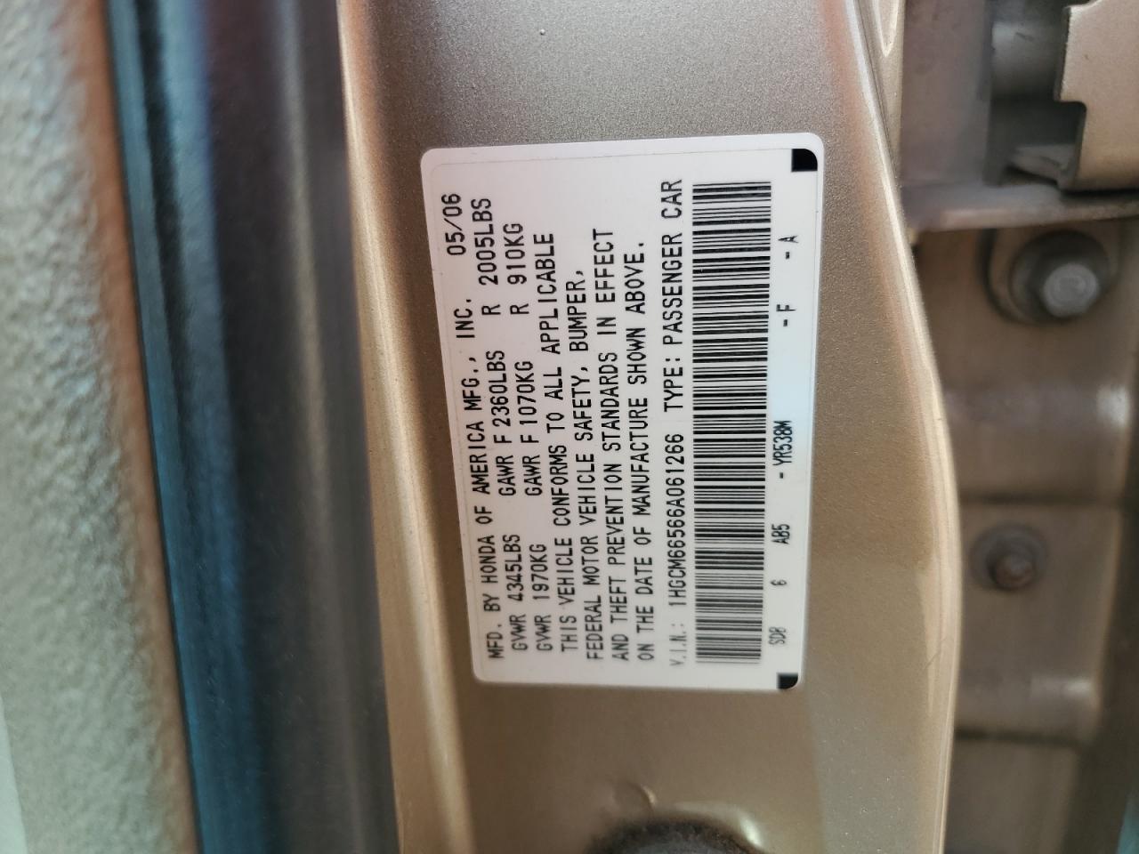 2006 Honda Accord Ex VIN: 1HGCM66566A061266 Lot: 84628235