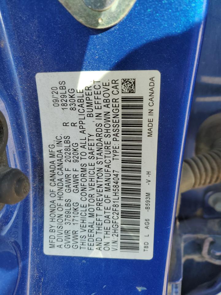2020 Honda Civic Sport VIN: 2HGFC2F81LH584047 Lot: 80499695