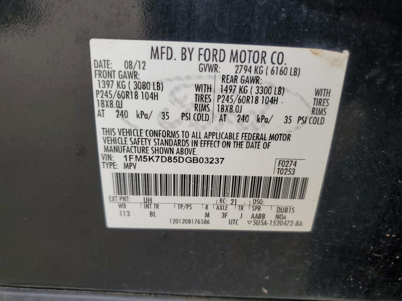 2013 Ford Explorer Xlt VIN: 1FM5K7D85DGB03237 Lot: 85056105