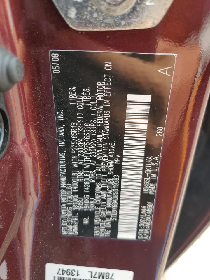 2008 Toyota Sequoia Limited VIN: 5TDBY68A08S019383 Lot: 80264365