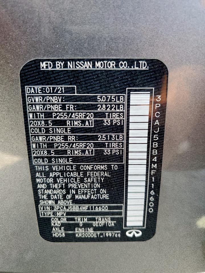 2021 Infiniti Qx50 Luxe VIN: 3PCAJ5BB4MF116600 Lot: 82070505