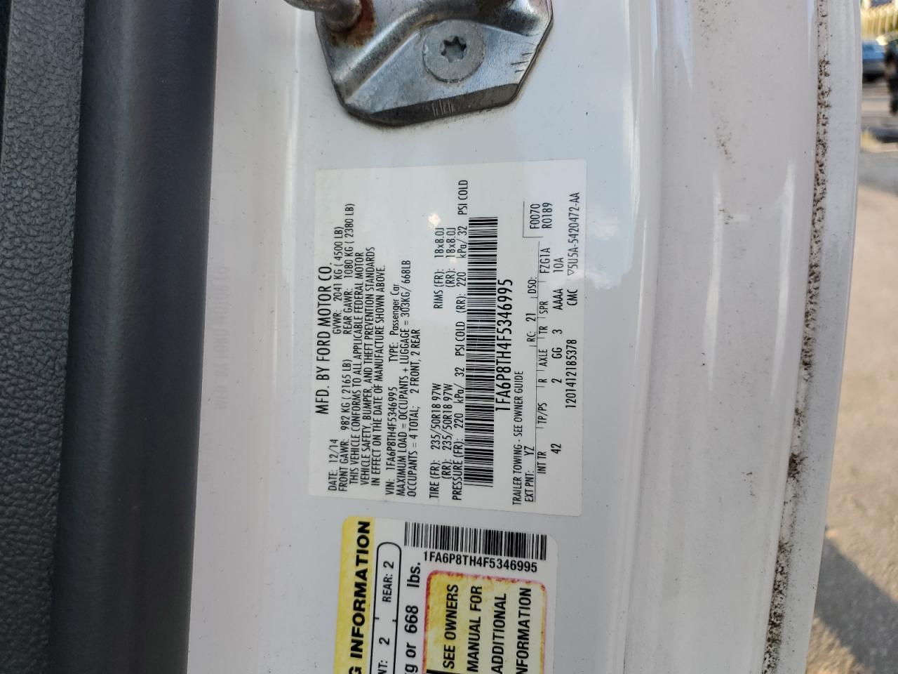 2015 Ford Mustang VIN: 1FA6P8TH4F5346995 Lot: 71721215