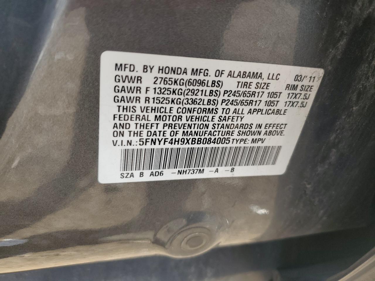 2011 Honda Pilot Touring VIN: 5FNYF4H9XBB084005 Lot: 71121295