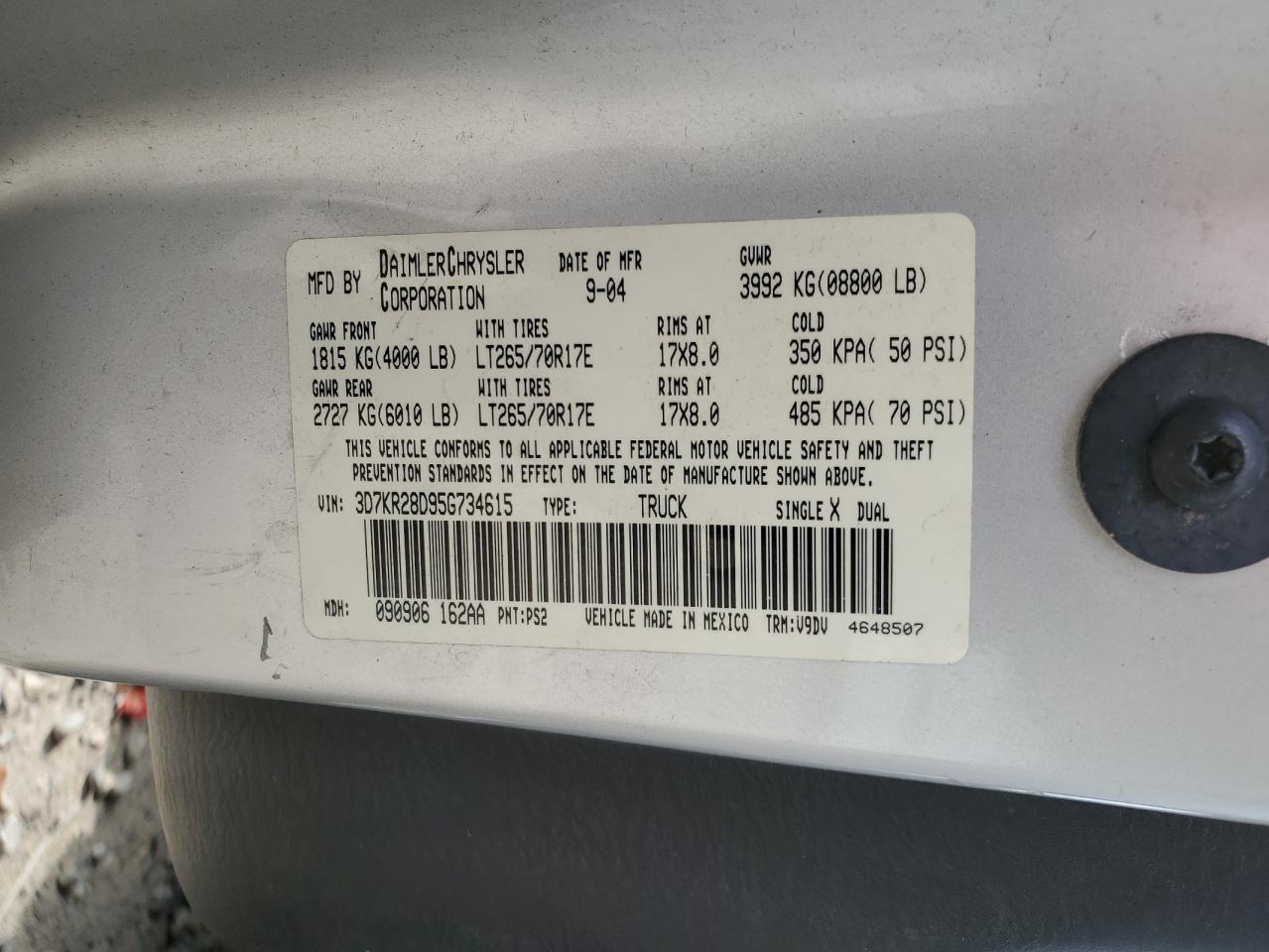 2005 Dodge Ram 2500 St VIN: 3D7KR28D95G734615 Lot: 81614535