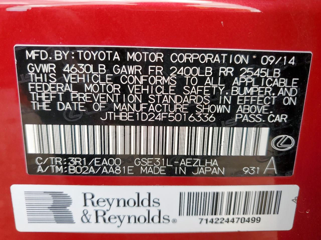 2015 Lexus Is 350 VIN: JTHBE1D24F5016336 Lot: 80182285