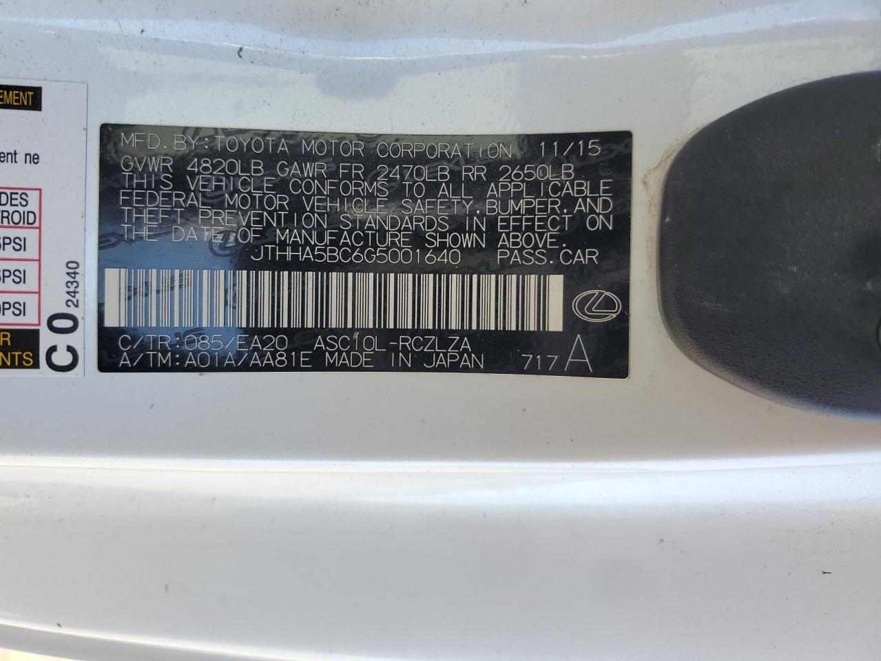 2016 Lexus Rc 200T VIN: JTHHA5BC6G5001640 Lot: 71858025