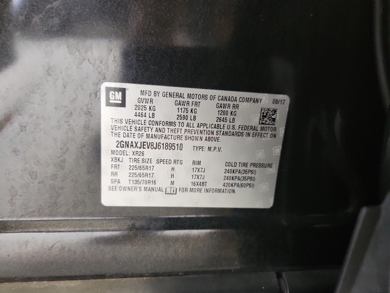 2018 Chevrolet Equinox Lt VIN: 2GNAXJEV8J6189510 Lot: 82136095