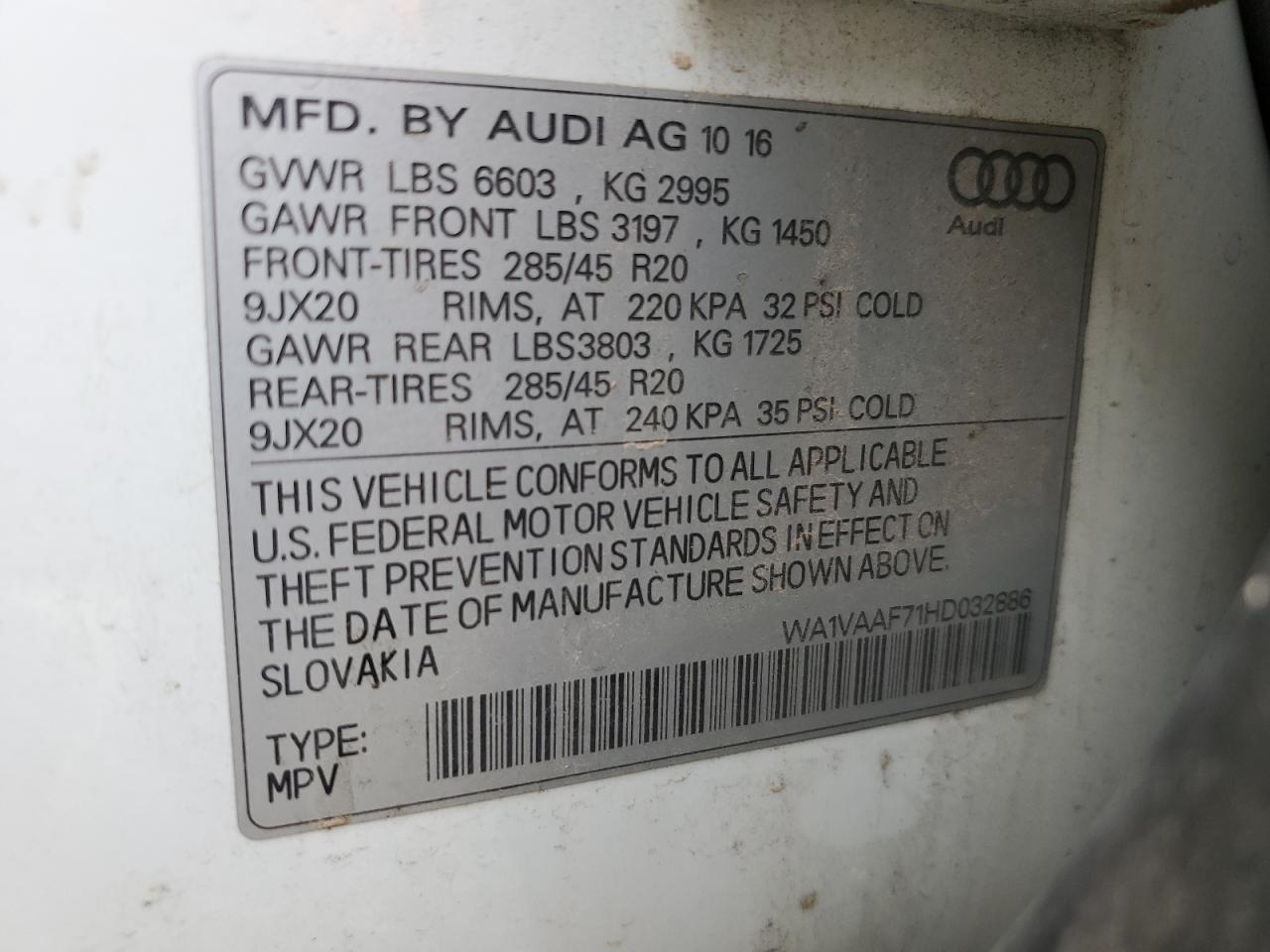 2017 Audi Q7 Prestige VIN: WA1VAAF71HD032886 Lot: 81648115