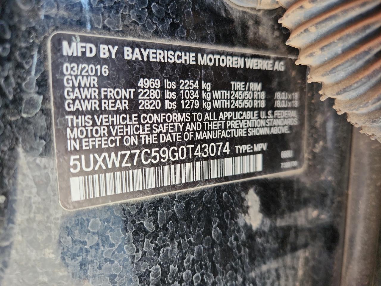 2016 BMW X3 Sdrive28I VIN: 5UXWZ7C59G0T43074 Lot: 80319755