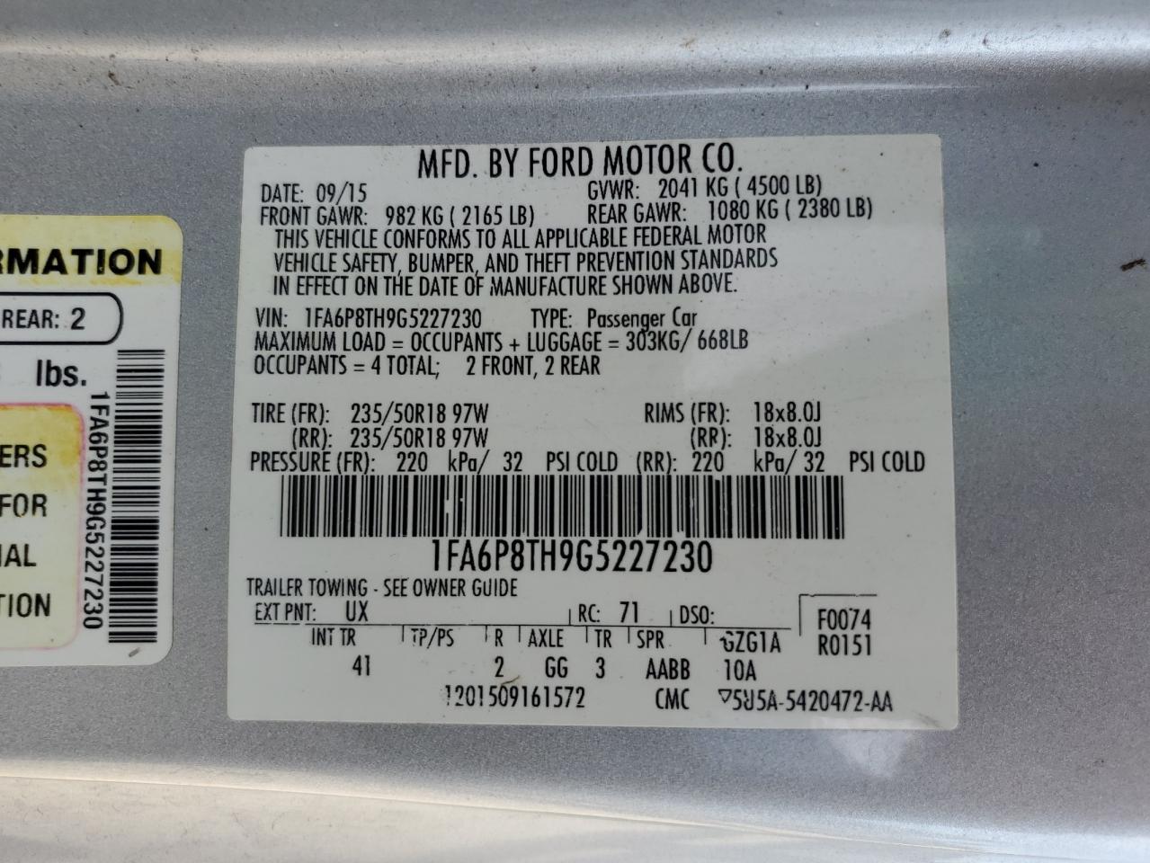 2016 Ford Mustang VIN: 1FA6P8TH9G5227230 Lot: 83852795