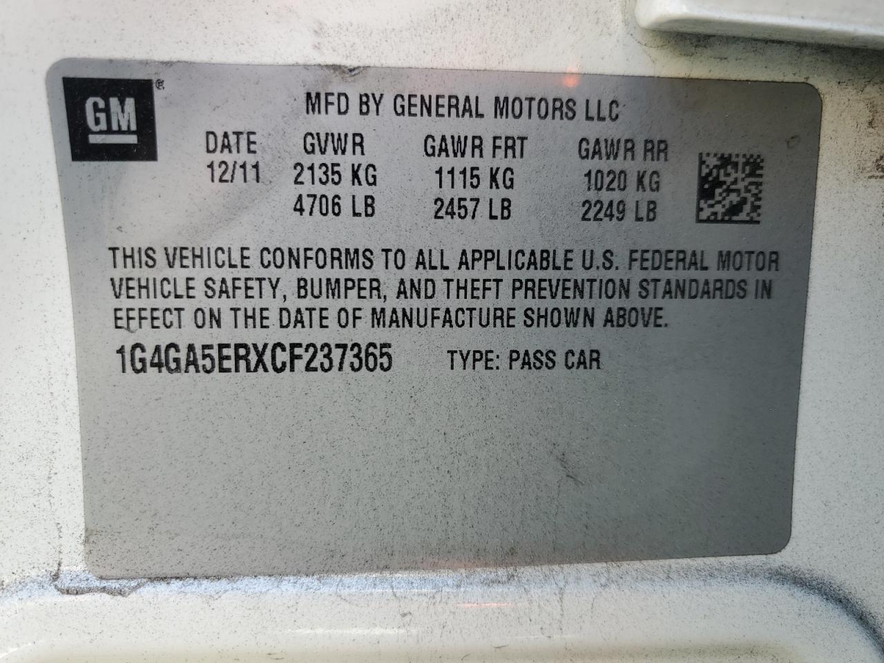 2012 Buick Lacrosse VIN: 1G4GA5ERXCF237365 Lot: 81946235