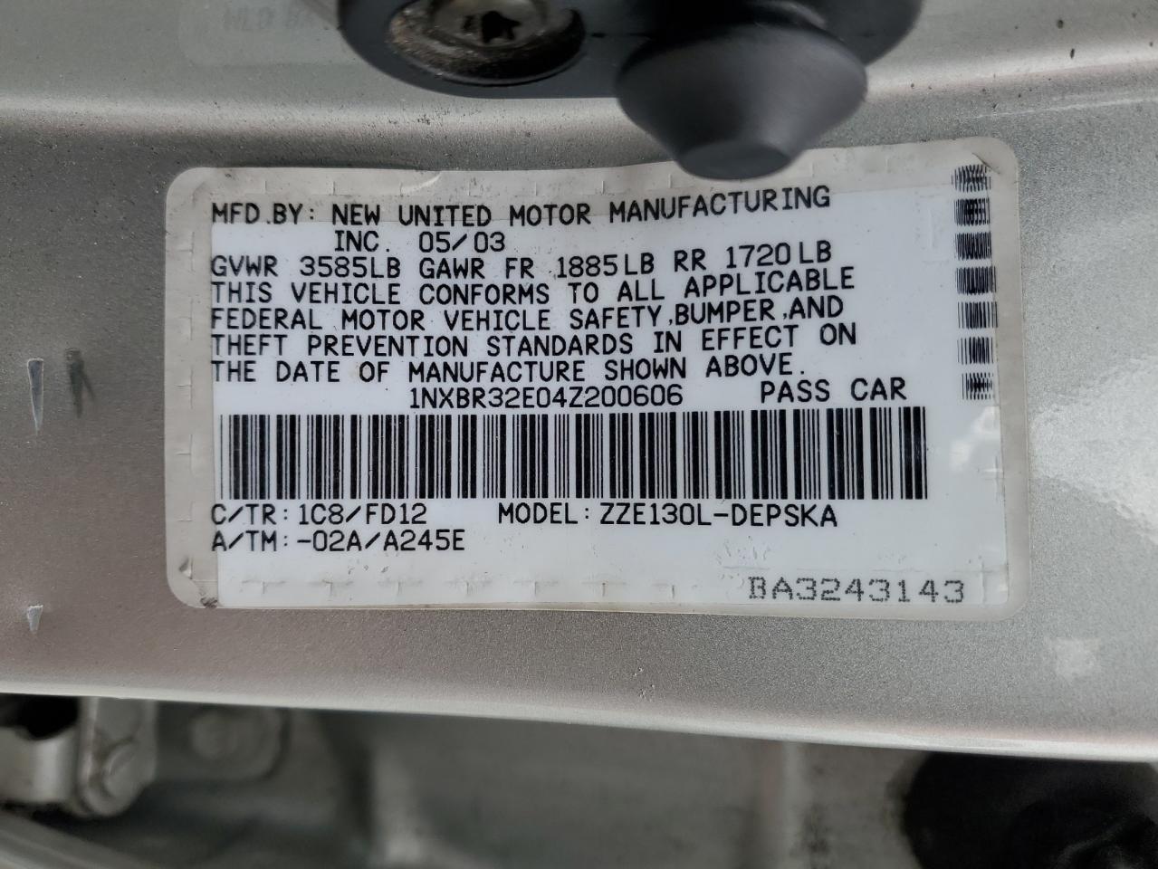 2004 Toyota Corolla Ce VIN: 1NXBR32E04Z200606 Lot: 80184435