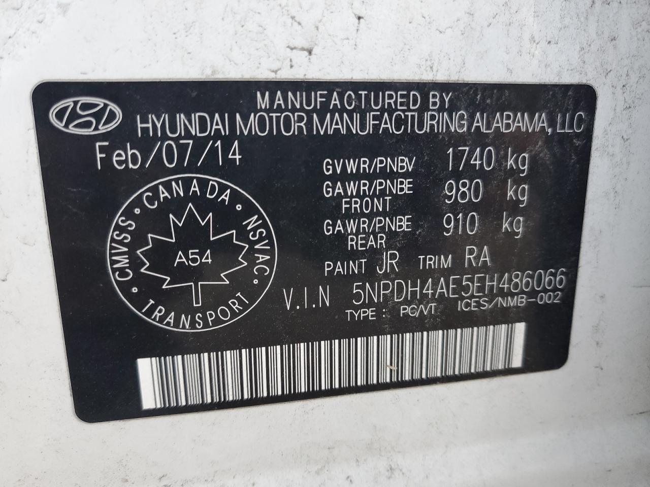 2014 Hyundai Elantra Se VIN: 5NPDH4AE5EH486066 Lot: 80834305