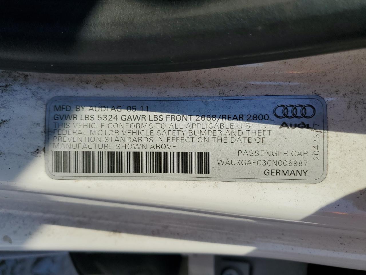 2012 Audi A7 Prestige VIN: WAUSGAFC3CN006987 Lot: 81111355