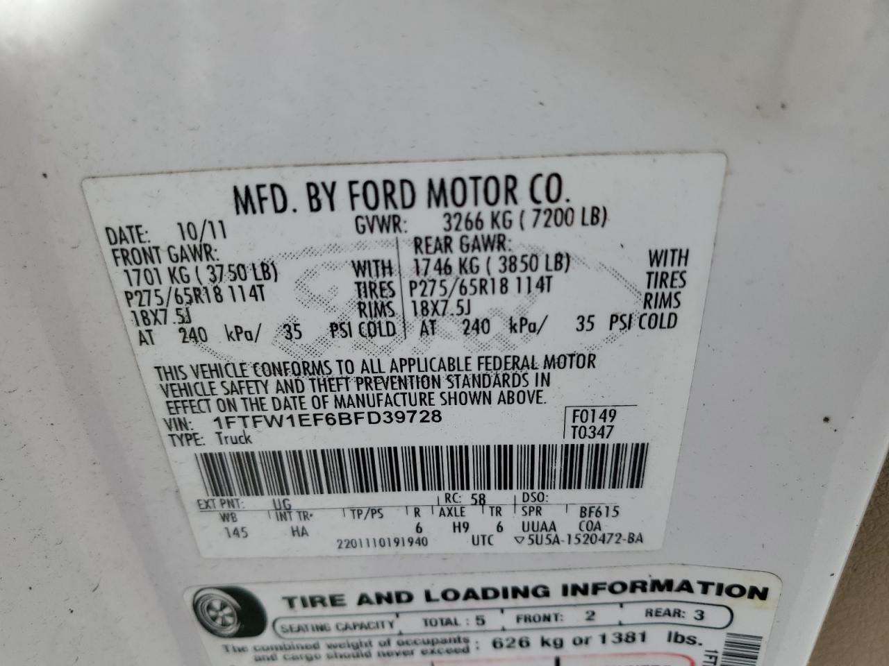 2011 Ford F150 Supercrew VIN: 1FTFW1EF6BFD39728 Lot: 81255635