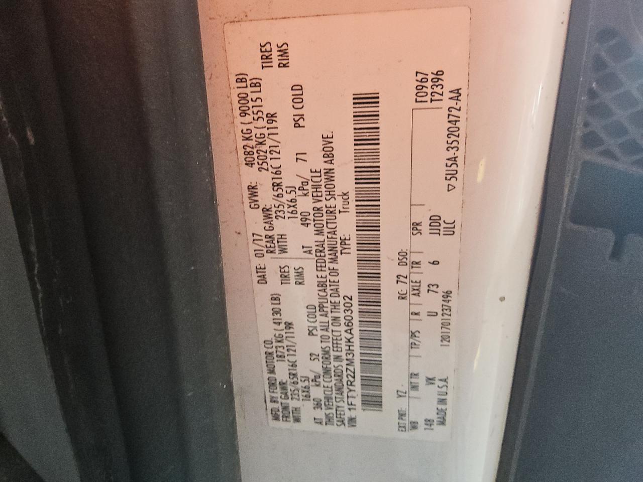 2017 Ford Transit T-250 VIN: 1FTYR2ZM3HKA60302 Lot: 89776905