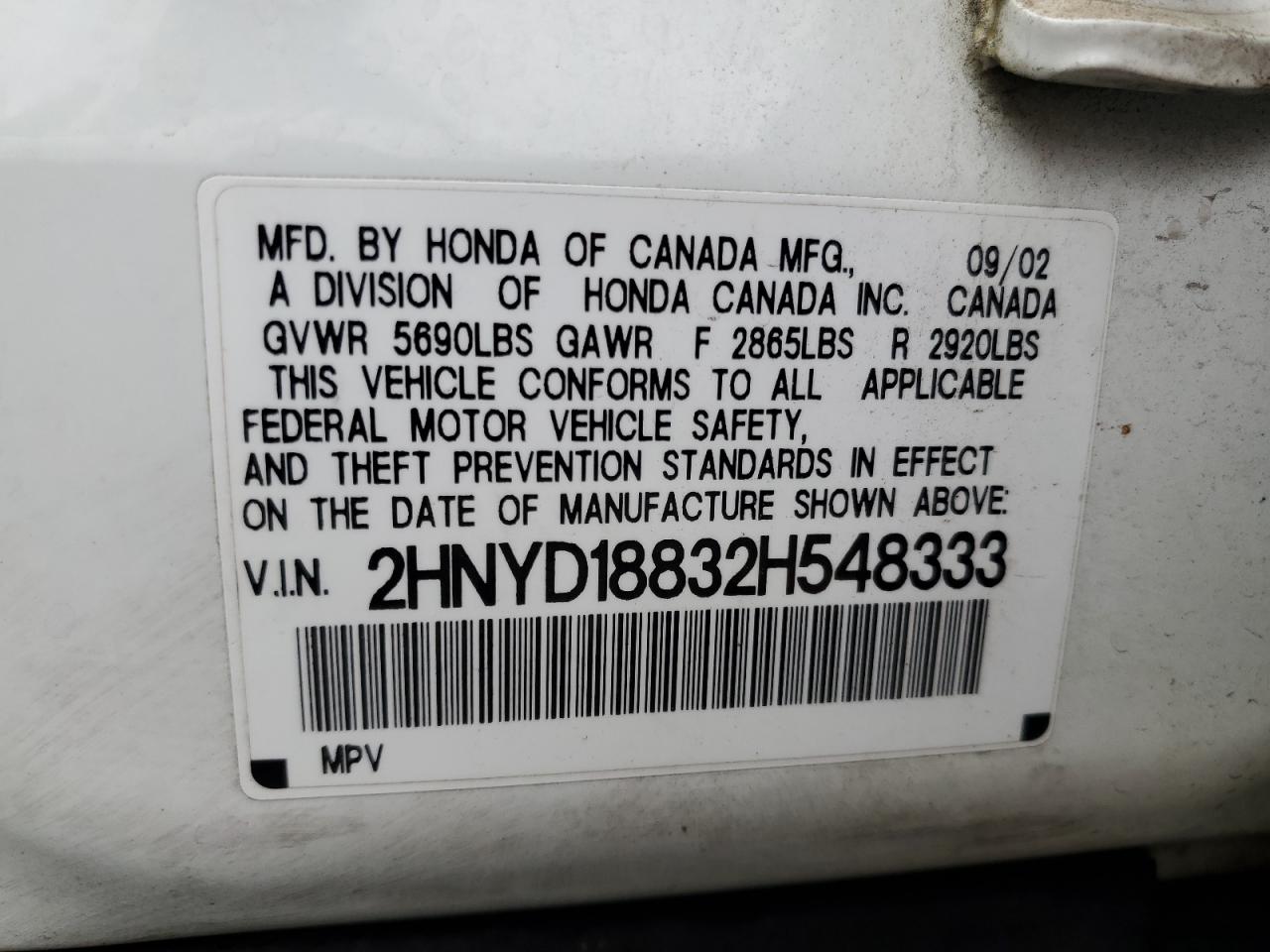 2002 Acura Mdx Touring VIN: 2HNYD18832H548333 Lot: 84280445