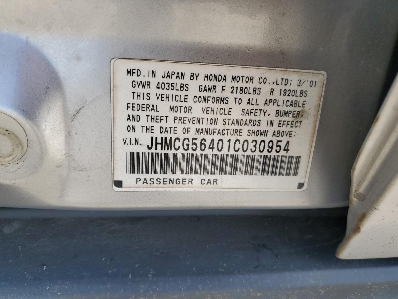 2001 Honda Accord Lx VIN: JHMCG56401C030954 Lot: 80912655