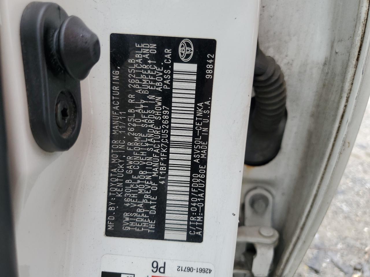 2012 Toyota Camry Base VIN: 4T1BF1FK7CU526897 Lot: 84354335