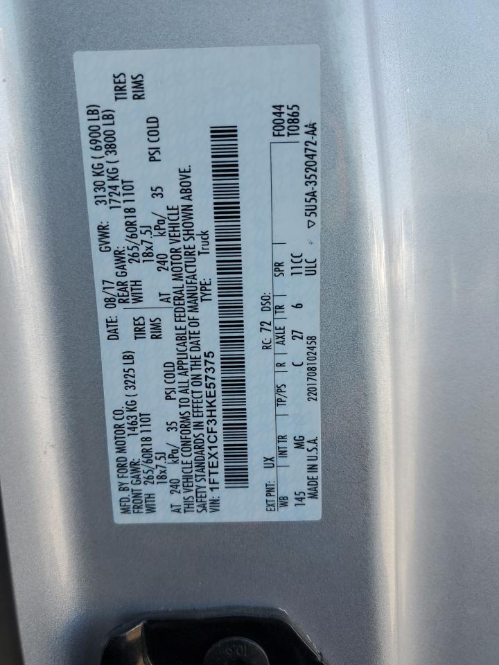 2017 Ford F150 Super Cab VIN: 1FTEX1CF3HKE57375 Lot: 70737515