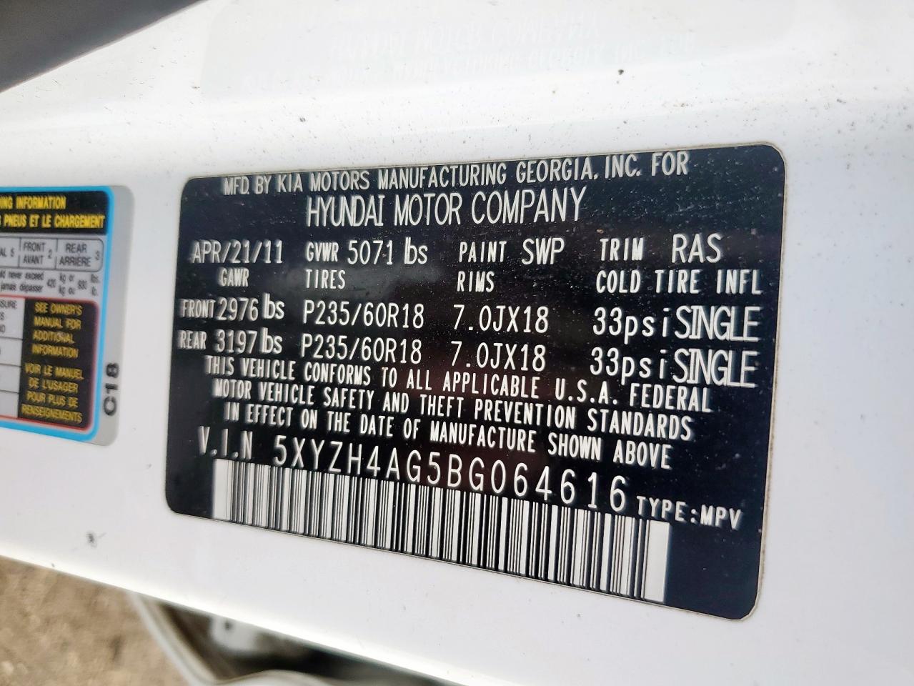 2011 Hyundai Santa Fe Se VIN: 5XYZH4AG5BG064616 Lot: 81414845