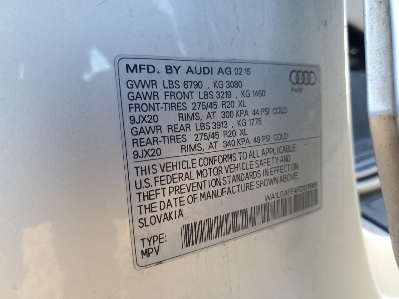 2015 Audi Q7 Premium Plus VIN: WA1LGAFE4FD017669 Lot: 83812785