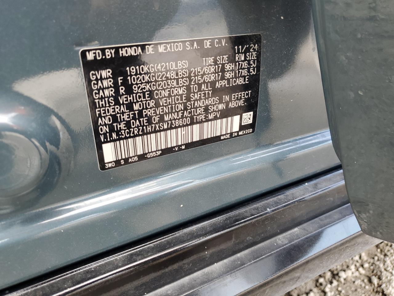 2025 Honda Hr-V Exl VIN: 3CZRZ1H7XSM738600 Lot: 80430845