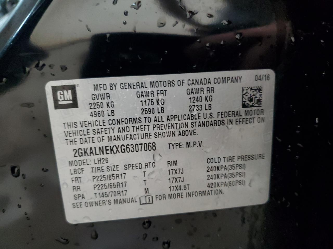 2016 GMC Terrain Sle VIN: 2GKALNEKXG6307068 Lot: 80067785