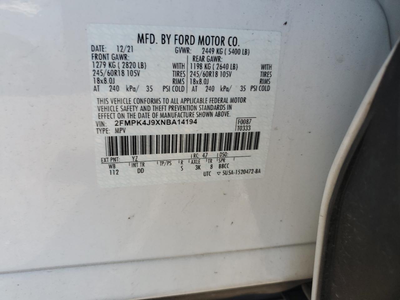 2022 Ford Edge Sel VIN: 2FMPK4J9XNBA14194 Lot: 80810975