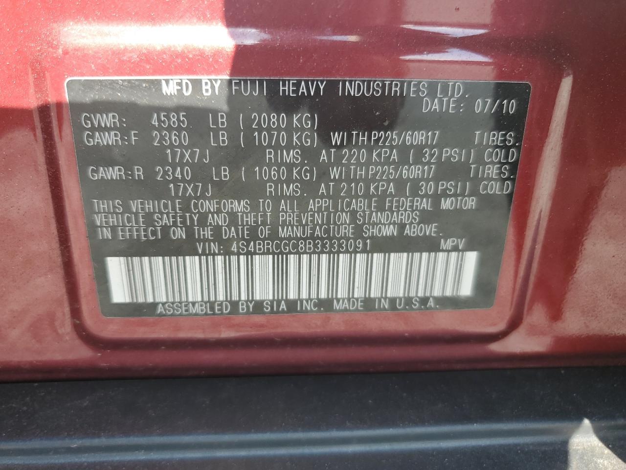 2011 Subaru Outback 2.5I Premium VIN: 4S4BRCGC8B3333091 Lot: 71983055