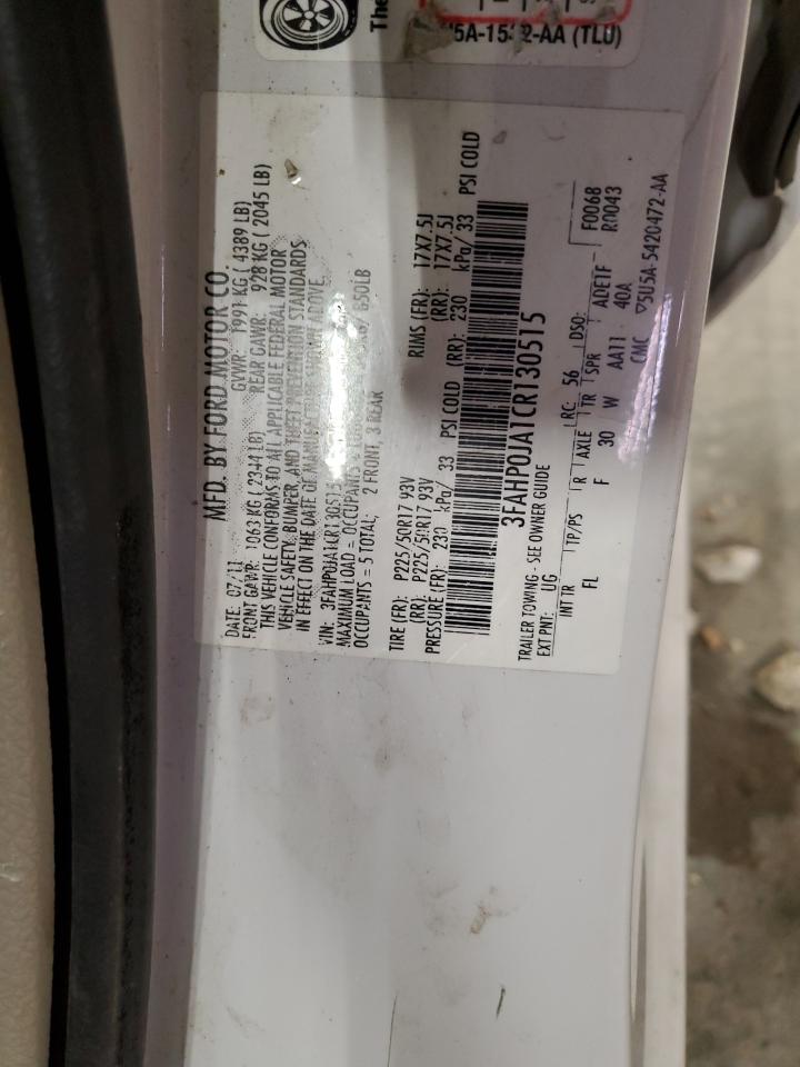 2012 Ford Fusion Sel VIN: 3FAHP0JA1CR130515 Lot: 71353365