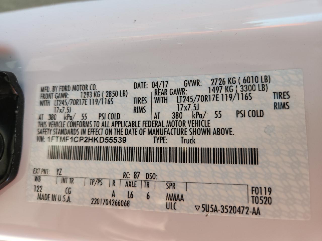 2017 Ford F150 VIN: 1FTMF1CP2HKD55539 Lot: 71128005