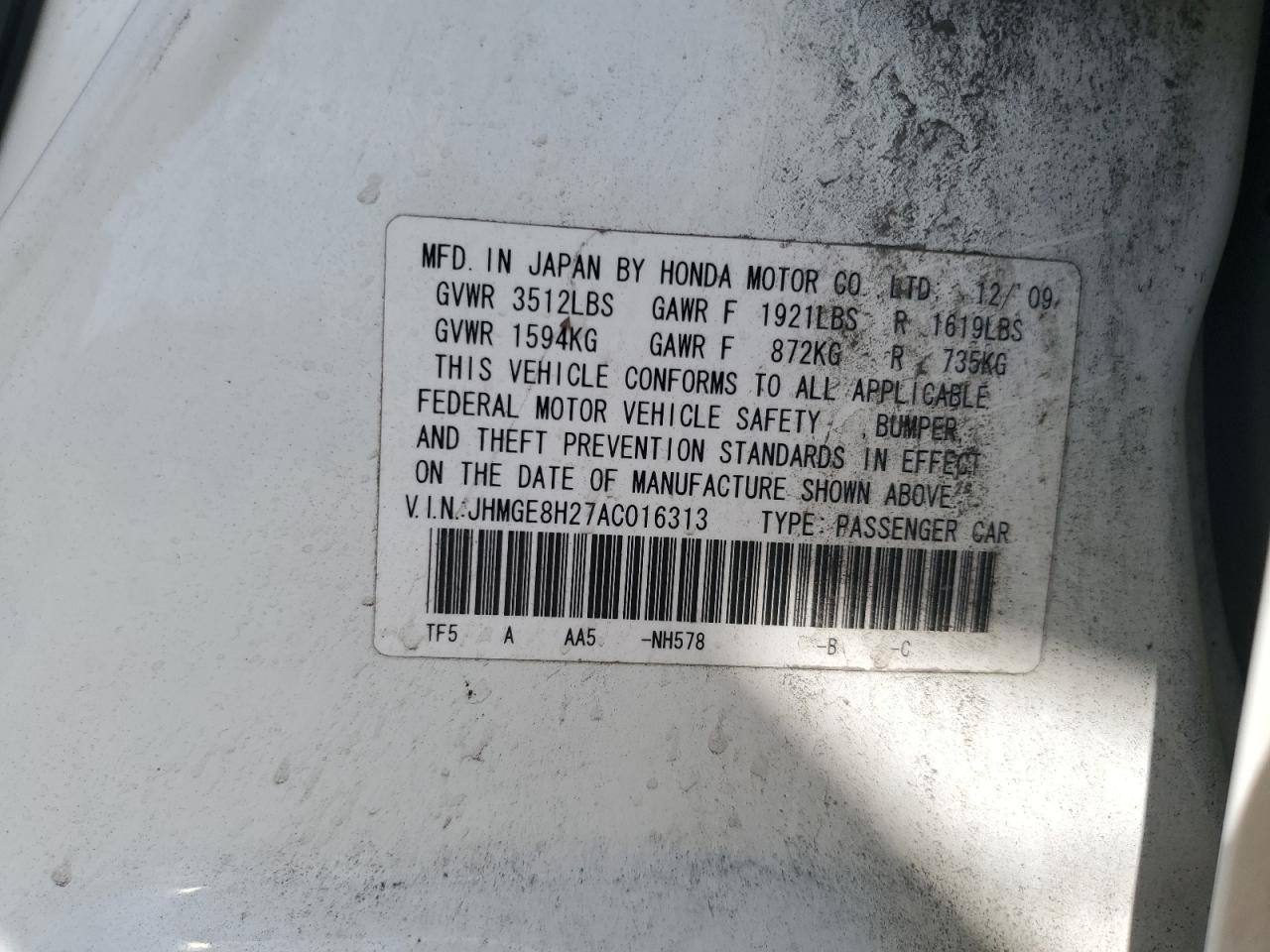 2010 Honda Fit VIN: JHMGE8H27AC016313 Lot: 81878555