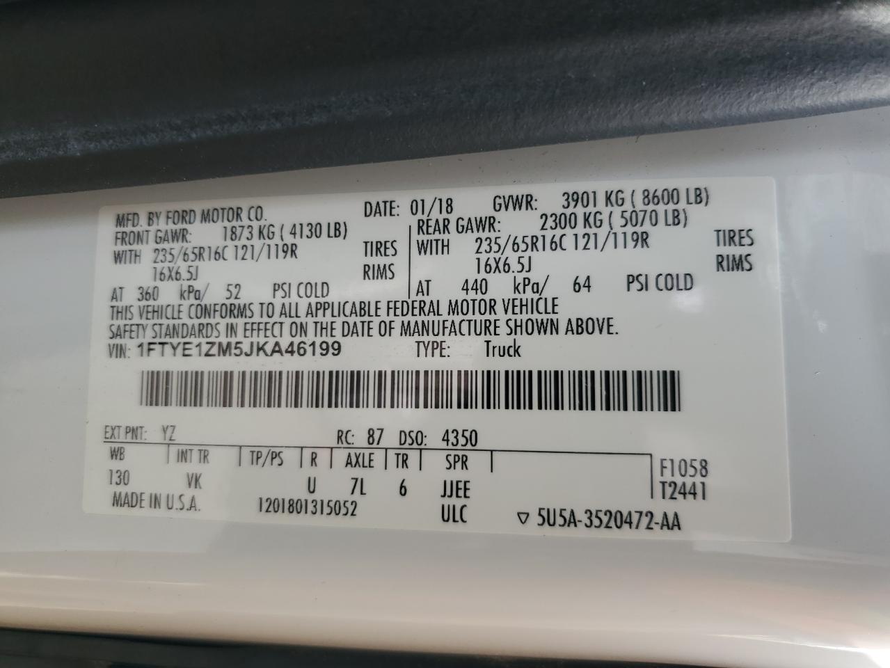 2018 Ford Transit T-150 VIN: 1FTYE1ZM5JKA46199 Lot: 81728185