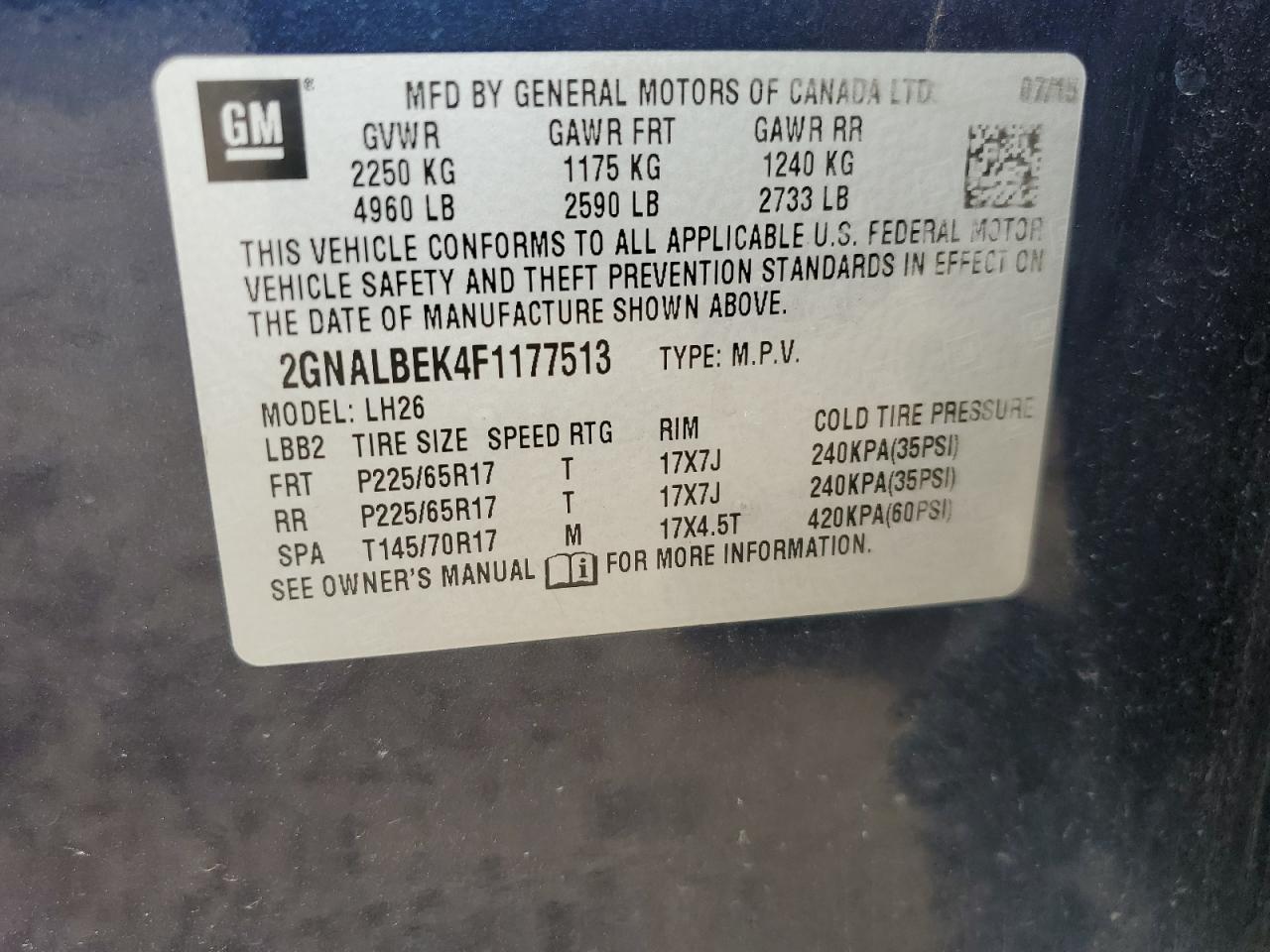 2015 Chevrolet Equinox Lt VIN: 2GNALBEK4F1177513 Lot: 80219735